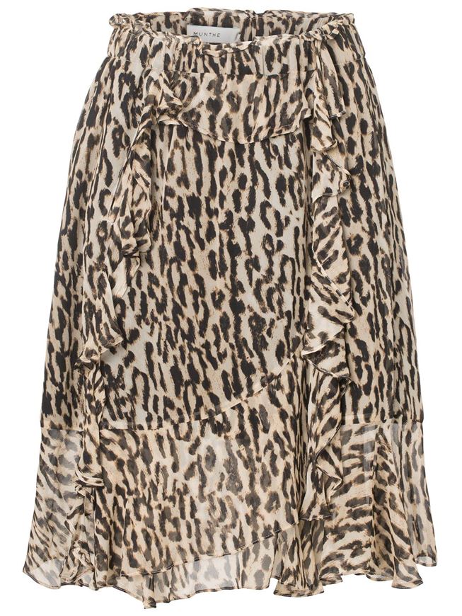 Kort nederdel i let viskose med leopardprint, flæs